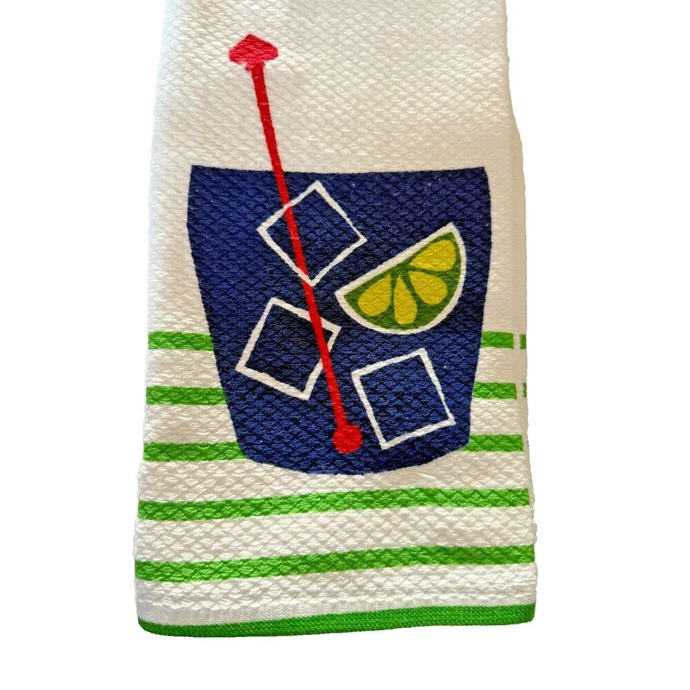 Kate Spade Kitchen Dish Towels Drinks Cocktails Martinis Cotton White Set of 2